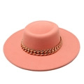 Pink flat top wool felt fedora hat for women with chunky gold chain decoration - M (56-58cm) / Dusky Pink