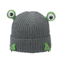 Detailed knit texture of grey frog-themed beanie with green embroidered feet details - M (56-58cm) / Dark Gray