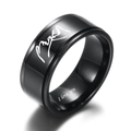 Macro detail of black stainless steel ring with I Love You engraving and pinky swear icon - Gun Black with Two Slots