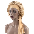 Champagne gold satin sleeping bonnet with adjustable tie band on female mannequin - Medium / Khaki