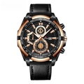 Men's sports watch in black and gold with leather strap and tachymeter function - Rose Gold Case Rose Gold Markers