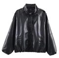 Detailed close-up of women's black faux leather jacket with stand collar and zipper - XS / Black