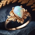 Vintage gold leaf ring with a large teardrop opal featuring vibrant multicolor fire - US 6 / Champagne Gold