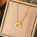 Titanium steel gold necklace with Roman numeral ring pendant and bead on jewelry box - Gold Roman Numerals Circle Ring Bead Necklace (JX044)
