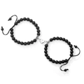 Detail of magnetic heart clasp connecting volcanic and matte onyx stone couple bracelets - Lava Rock & Black Matte Heart Magnet Buckle