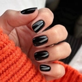 Glossy black short square round press-on nails with bright mirror finish on hands - Glossy Pure Black (JP3154)