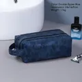 Blaue Kulturtasche aus PU-Leder mit Doppelreißverschluss und Griff, 24x14x9cm - Blau Doppelter Reißverschluss