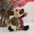 Detail of plush Christmas reindeer ornament with plaid fabric and a wooden button - Plaid Button Spherical Reindeer
