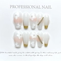 Detail of handmade cat-eye press-on nails featuring 3D white flowers and pearl accents - Jade Finger Blossoms (260)
