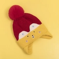 Red and yellow cartoon bear knitted hat with earflaps and a fluffy red pompom - Red-Hat