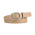 Schmaler beiger Damenledergürtel mit silberner ovaler Schnalle und feinen Nähten - Khaki