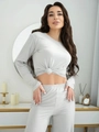 Detail of light gray two-piece pajama set with a stylish knot design on the long sleeve top - S / Light Gray