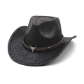 Cappello da cowboy nero in pelle screpolata con cinturino marrone e teschio di toro argento - M (56-58cm) / Nero