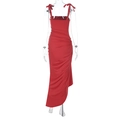 Elegant red sleeveless slim fit evening gown with side ruffles and shoulder bow ties - S / Red