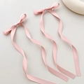Pink satin ribbon bow hair clips with long streamers for women in ballet style - Pink (1 Pair)