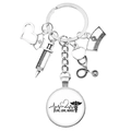 Medical themed keychain with nurse cap and stethoscope charms, 'Live Love Nurse' glass pendant - RN Letters White