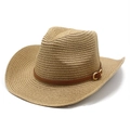 Klassischer Cowboyhut aus Stroh mit breiter Krempe und braunem Lederband-Dekor - M / Khaki