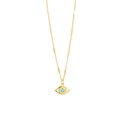 Macro shot of gold-plated evil eye pendant necklace with blue enamel and tube chain detail - Teal