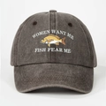 Detailed embroidery on grey washed baseball cap with Fish Fear Me funny slogan design - One Size / Coffee