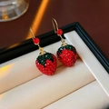 Sparkling strawberry drop earrings with red rhinestones and gold metal hooks - Ear Hook-Red