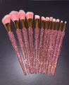 Detailed view of 12 luxury makeup brushes with pink rhinestones and gold metal ferrules - 12pcs Set / Pink Resin Mixed Rhinestones