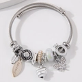 Bracciale a sfere argentato con ciondoli a farfalla cuore e pendente foglia forever - Bianco
