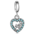 Silver heart MOM charm pendant with light blue rhinestones for DIY bracelets - Silver Blue