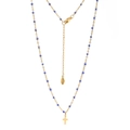 Detail of gold-plated stainless steel cross necklace with dark blue enamel beads - Blue