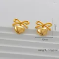 Golden bow heart earrings for women, minimalist 18K gold plated stainless steel studs - Gold Bowknot Heart Style (QRH5531)