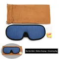 Blue 3D sleep mask set with foam earplugs and a brown suede storage drawstring bag - Mask + Earplugs + Pouch / Blue