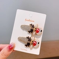 Paire de barrettes de Noël renne avec paillettes dorées et broderies pour filles - Tête de renne