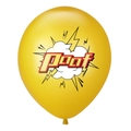 Close-up of a yellow latex party balloon with comic style Poof text and explosive cloud - Poof Style / Yellow