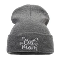 Dark grey Cat Mom embroidered knit beanie hat with cat ears and ribbed texture for winter - One Size / Dark Gray