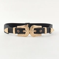 Ceinture élastique noire pour femme avec double boucle dorée à motifs gravés rétro - Sangle Noire Boucle Dorée