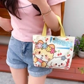 Cream canvas tote with yellow handles featuring a cartoon cat drinking milk tea - Sweet Kitty