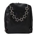 Detailed view of silver star-shaped metal chain on black textured leather backpack - Single-Layer Hollow Star