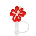 Silicone hibiscus flower straw cover cap in red and white floral design with attachment ring - 1796-09 Red and White Hibiscus