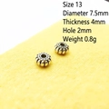 Detailed specs of size 13 vintage silver spacer bead showing 7.5mm diameter and 2mm hole - 13#