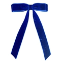 Detailed close-up of dark blue velvet bow hair clip with long elegant ribbons - Royal Blue