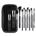 Professional 12-piece black makeup brush set with a portable zipper travel case - Black Bristles Black Waterproof Bag
