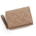 Short tri-fold PU leather wallet for women in lotus pink with embroidered heart pattern - Khaki