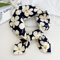 Navy blue cotton linen floral neck scarf tied in a bow with pearl necklace decor - Navy Blue Flower White