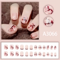 Short square press-on nails with Chinese New Year magpie and plum blossom art - A3066 Magpie Plum Blossom Red French Style (Glue Type)