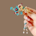 Blue enamel cloud hair clip with white pearls and long tassel fringe in vintage style - F0114 Pearl Flower
