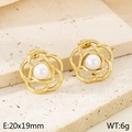 Golden hollow petal flower earrings with white pearl center in 18K gold stainless steel - Style F Hollow Pearl Flower (KE114631-KFC)