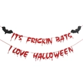 Halloween glitter banner with bloody IT'S FRICKIN BATS and I LOVE HALLOWEEN text - Red Glitter