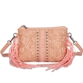 Bohemian beige PU leather crossbody bag with floral embossing and pink fringe tassels - Pink