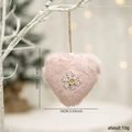 Pink plush heart ornament with white wooden snowflake and twine hanging loop - Pink Heart