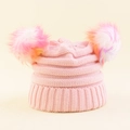 Pink knitted winter hat for kids with two colorful gradient faux fur pom-poms on top - Head circumference 48-52cm / Pink