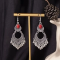 Bohemian silver earrings with deep red faux gemstones and tassel details on a gold stand - S4288-1 Red Water Drop Dangle Earrings